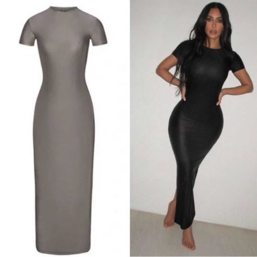 Skims Shine Spandex Jersey Long Short Sleeve Crewneck Maxi Dress NWT Gray Chalk
